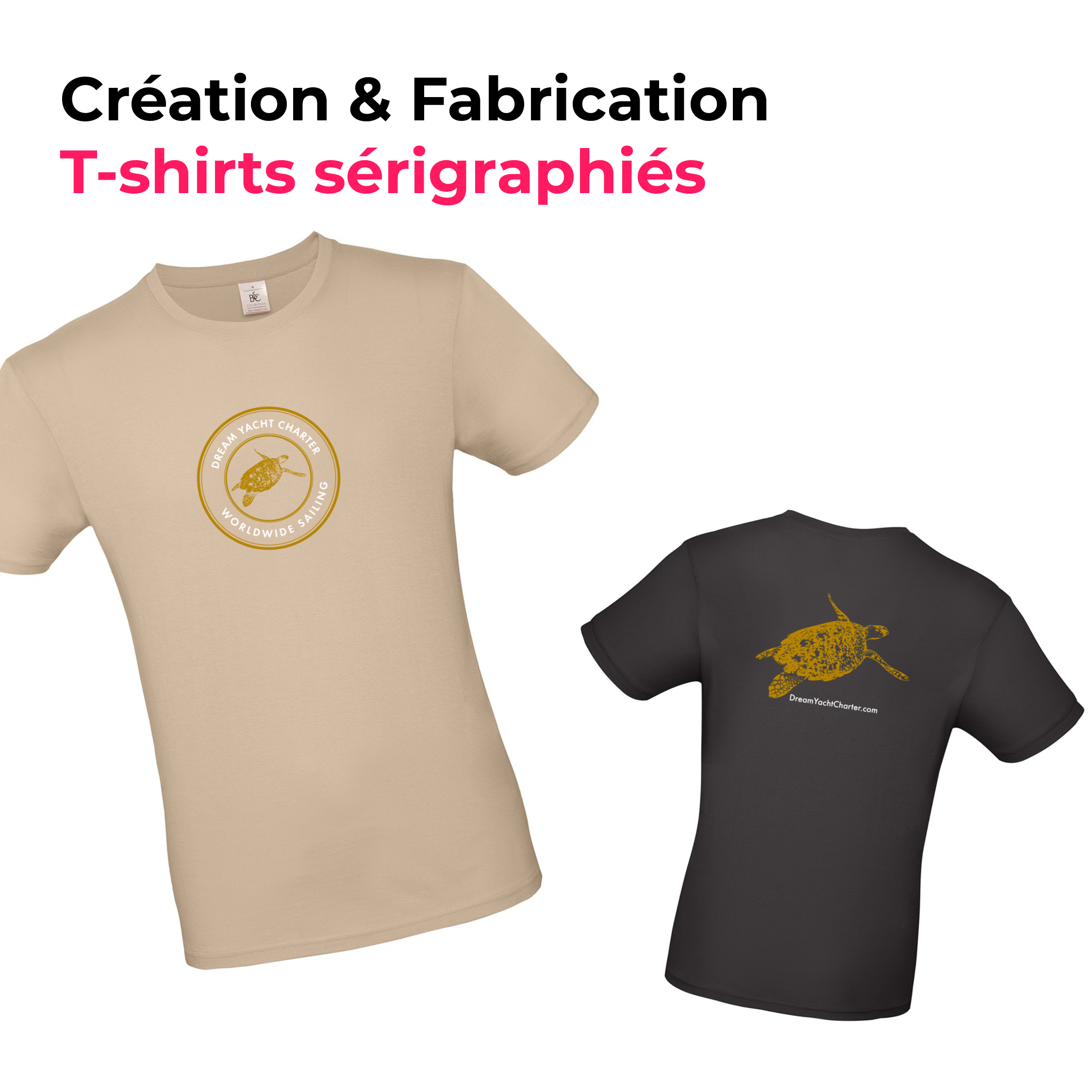 creation et fabrication de t-shirts couleur sable et noir avec le logo dream yacht charter