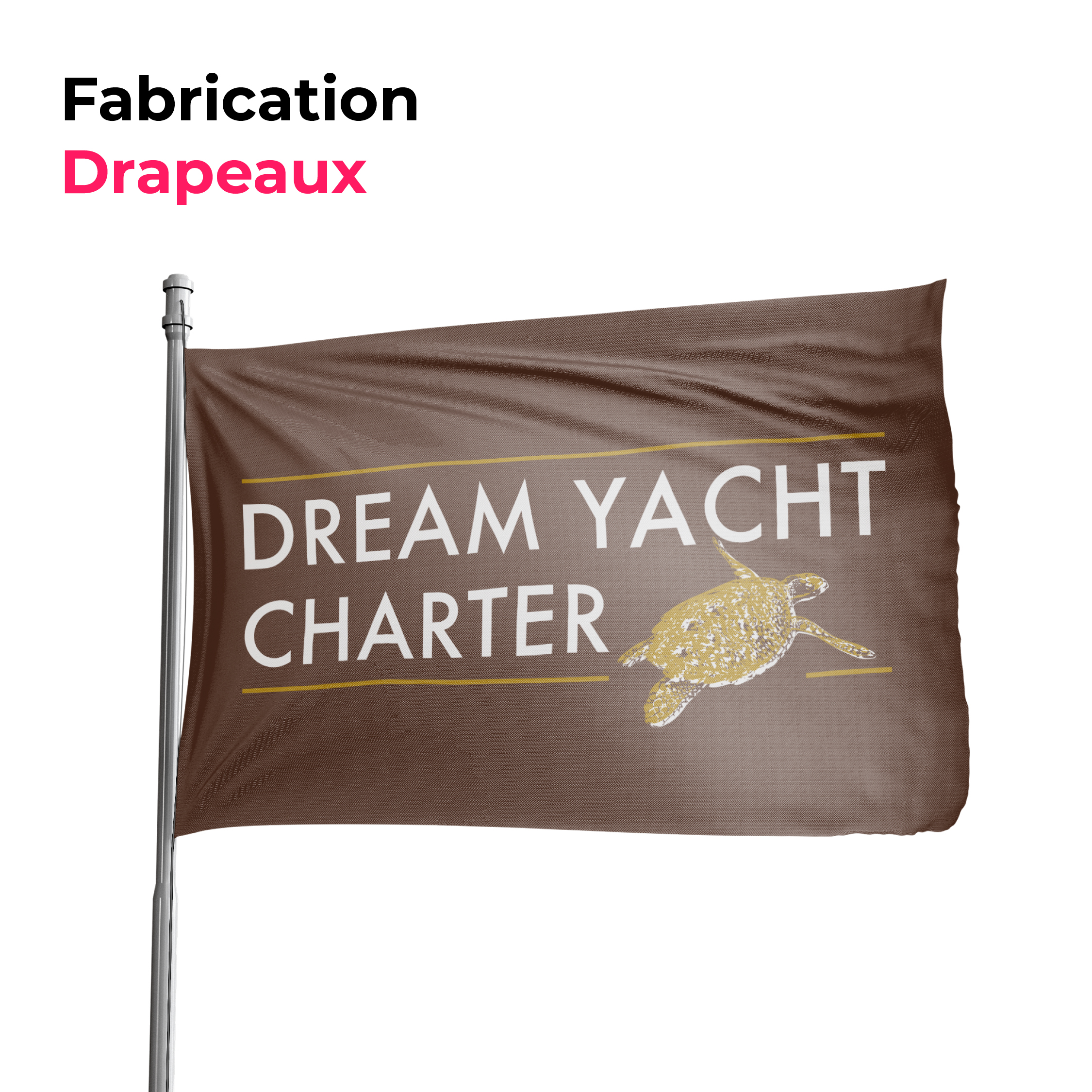 drapeau marron avec logo dream yacht charter en blanc et or dessus